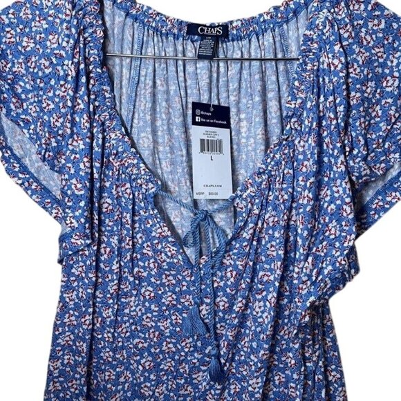 Chaps Womens Blue Floral Print Short-Sleeve Blouse With Tie Neck L - Picture 2 of 10